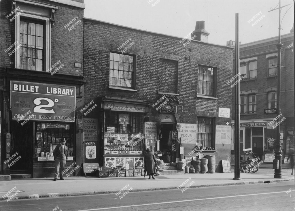 78-80 Upper Clapton Road with corner to southwold Road, Hackney, c.1935. Includes Dear & Sons shop and Billet Library books.