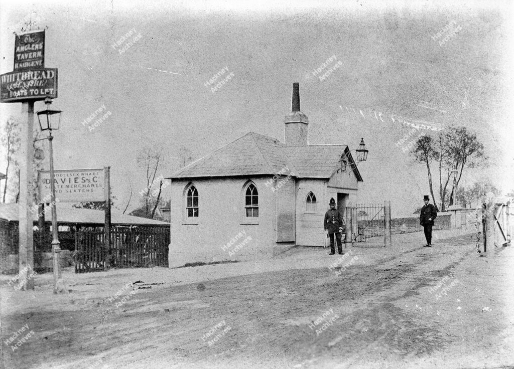Lea Bridge Toll Gate.  View east to the Bridge, 1860.