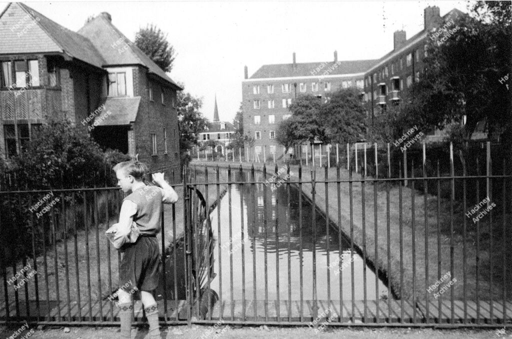 Woodberry Down Estate from New River Bridge, Newton Close, 1955.