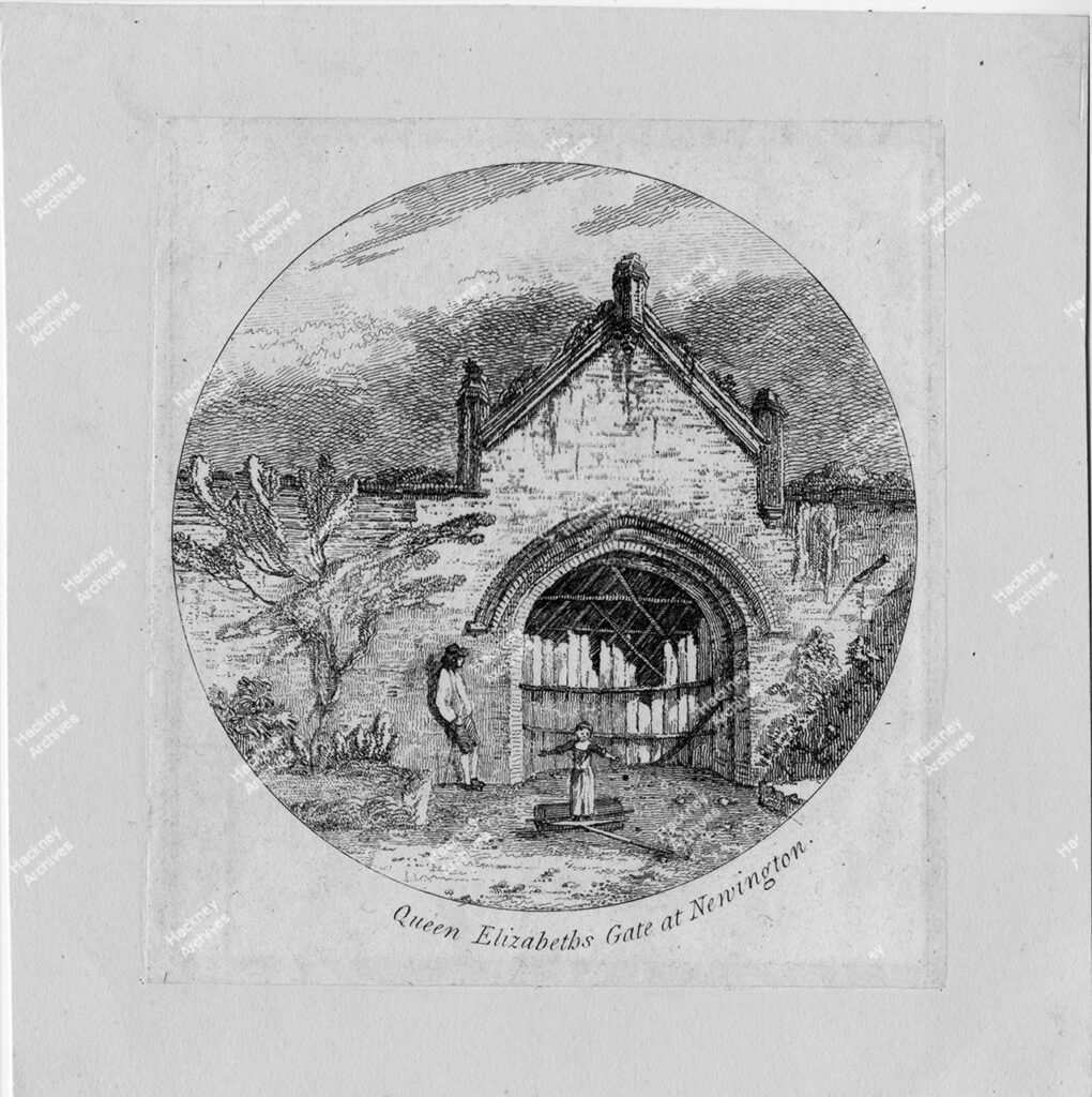 Queen Elizabeth’s Gate at Newington, Manor House, Stoke Newington, c.1830.