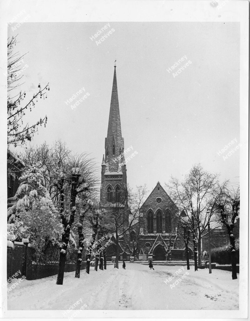 Stamford Hill Congregational Church from Dunsmure Road during snow, Hackney. 1962.