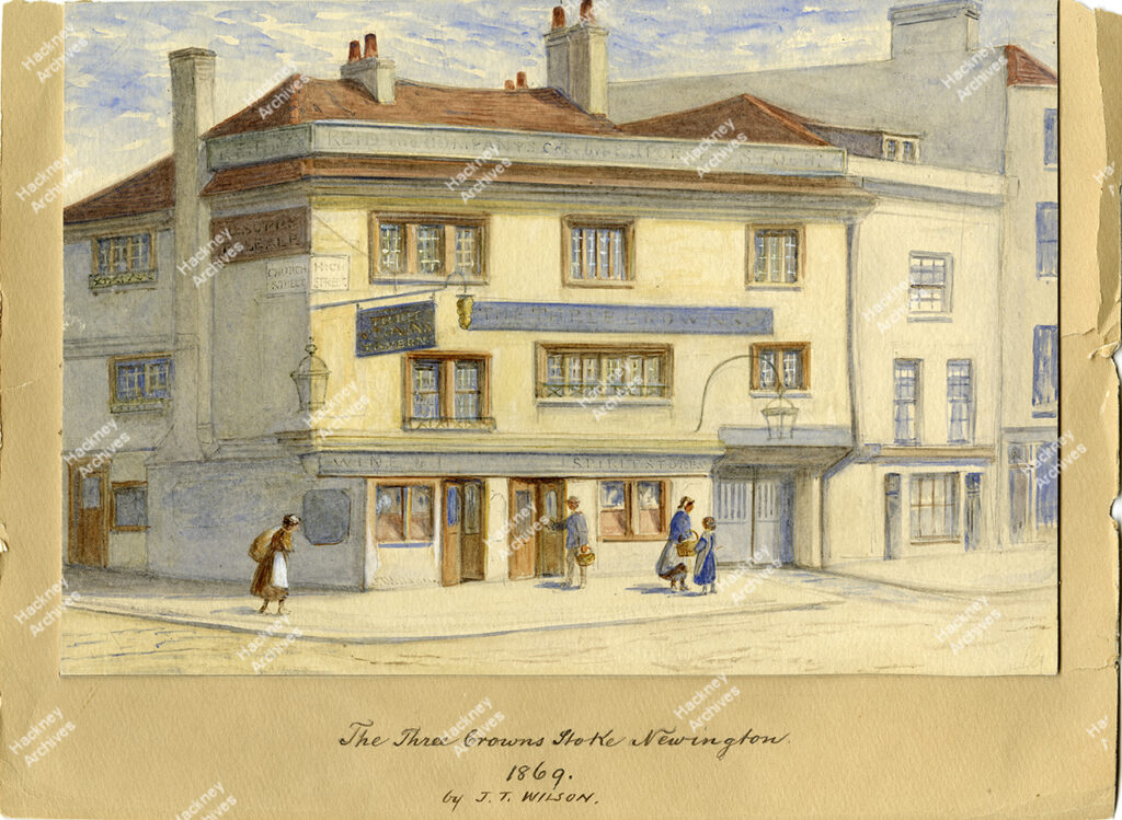 The Three Crowns public house, Stoke Newington Church Street, Hackney.Created by J. T. Wilson. 1869.