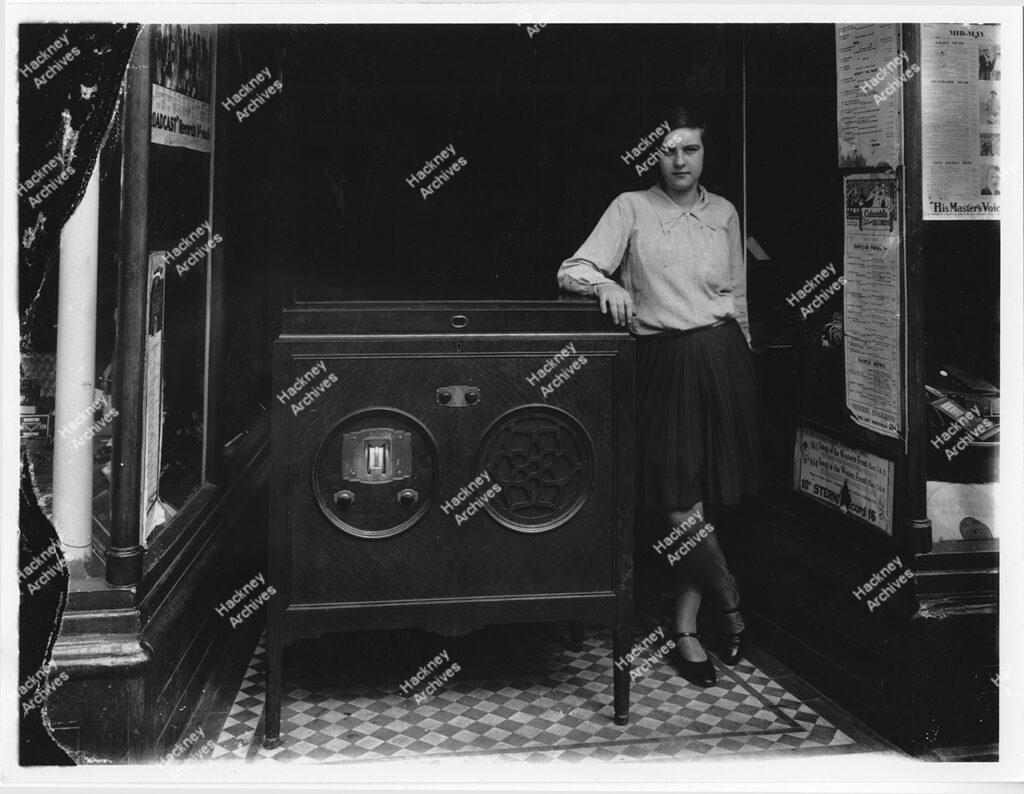Entrance to unknown music supplier shop entrance, Hackney, c.1937.