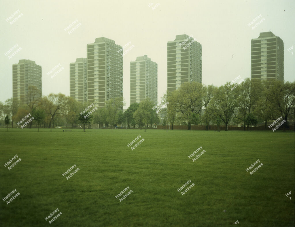 Nightingale Estate – view north across Hackney Downs. Left to right: Rachel Point, Rathbone Point, Seaton Point, Farnell Point, Embley Point, Sutherland Point, 1987.