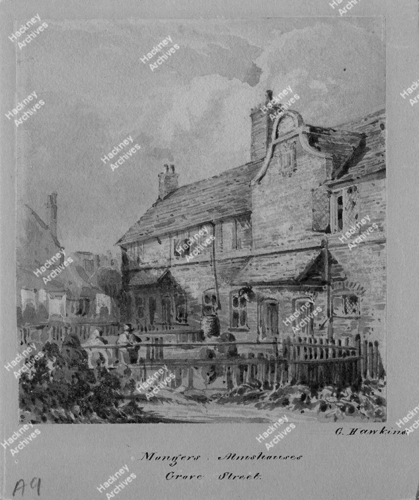 Drawing by G. Hawkins of Mongers Almshouses, Grove Street ( Lauriston Road), south Hackney, c.1790