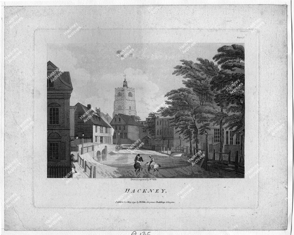 Hackney Brook, looking towards Narrow Way, Mare Street and Old Church tower. 1791. Engraving by William Ellis. View towards Narrow Way, Mare Street and Old Church tower, looking north from yet to be built London Railway bridge.