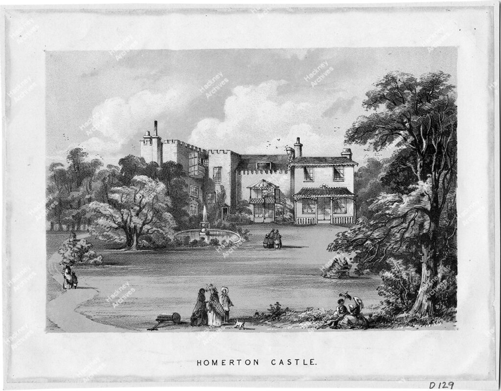 Homerton Castle, Homerton High Street, Hackney, c.1830. Lithograph includes garden and people relaxing. The castle stood next to Hackney workhouse.