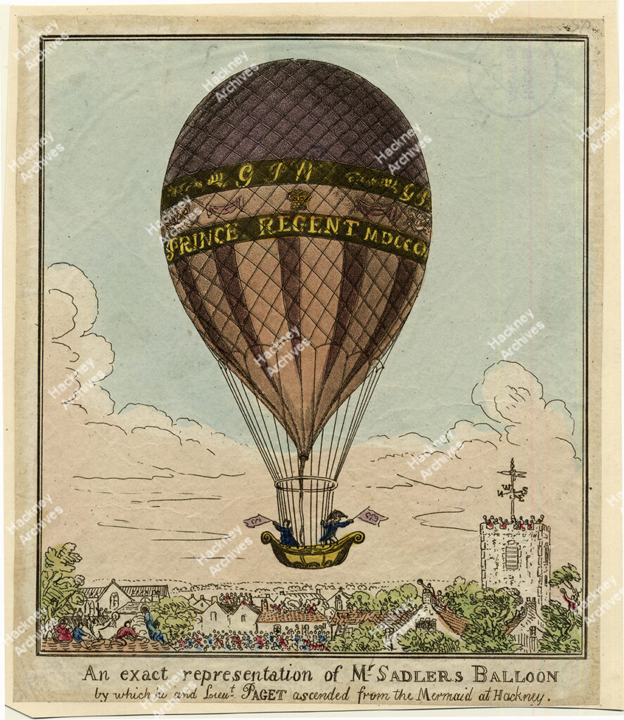Exact representation of Mr Sadler’s balloon by which he and Lieut. Paget ascended from the Mermaid at Hackney,1811.