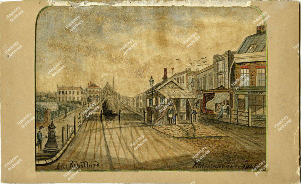 Kingsland Gate, Kingsland Road, Hackney. 1860. Colour oil painting by Charles Robillard. View from  junction with Balls Pond Road looking south. Includes gardens, greenhouses, toll gate and St. Bartholmew’s Church (now demolished).