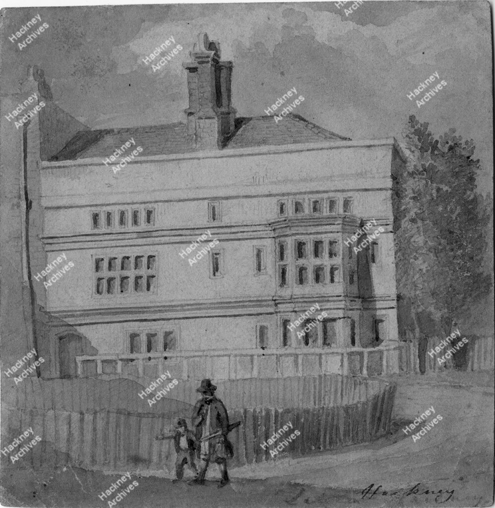 Albion House school, near Mare Street, Hackney, c.1800. Front elevation of house which later became Albion House School. With enclosed area at front possibly part of the green at the Triangle, Mare Street.