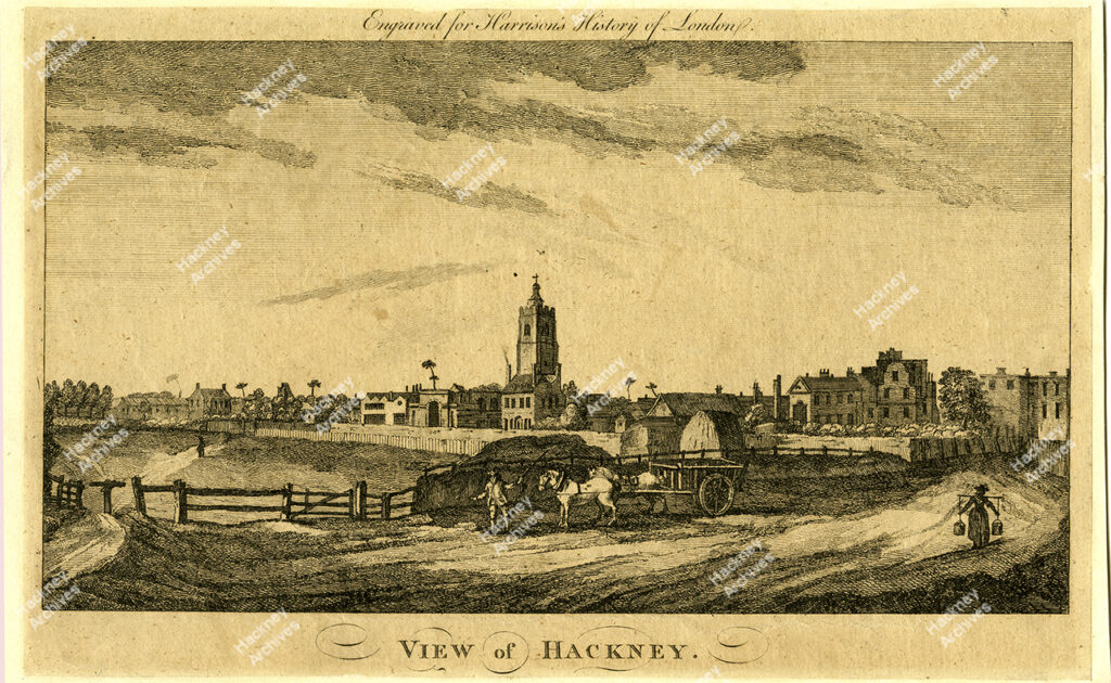 Views from Bob’s Hall Lane (Lower Clapton Road) with Church Field (added to the churchyard in 1790) engraving for the Modern Universal British Traveller, c.1790