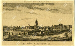 Views from Bob's Hall Lane (Lower Clapton Road) with Church Field (added to the churchyard in 1790) engraving for the Modern Universal British Traveller, c.1790