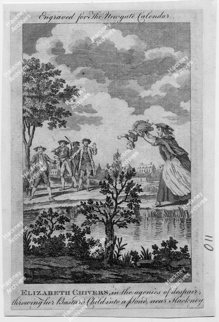 Elizabeth Chivers in the agonies of despair throwing her bastard child into a pond near Hackney, 1700s
