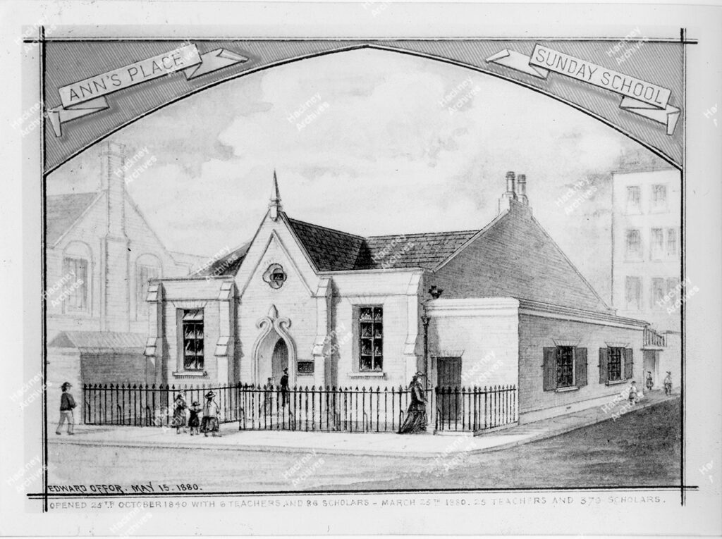 Ann’s Place Sunday School, Pritchards Road, Hackney. Drawing by Edward Offor. Includes Marian Place,1880.