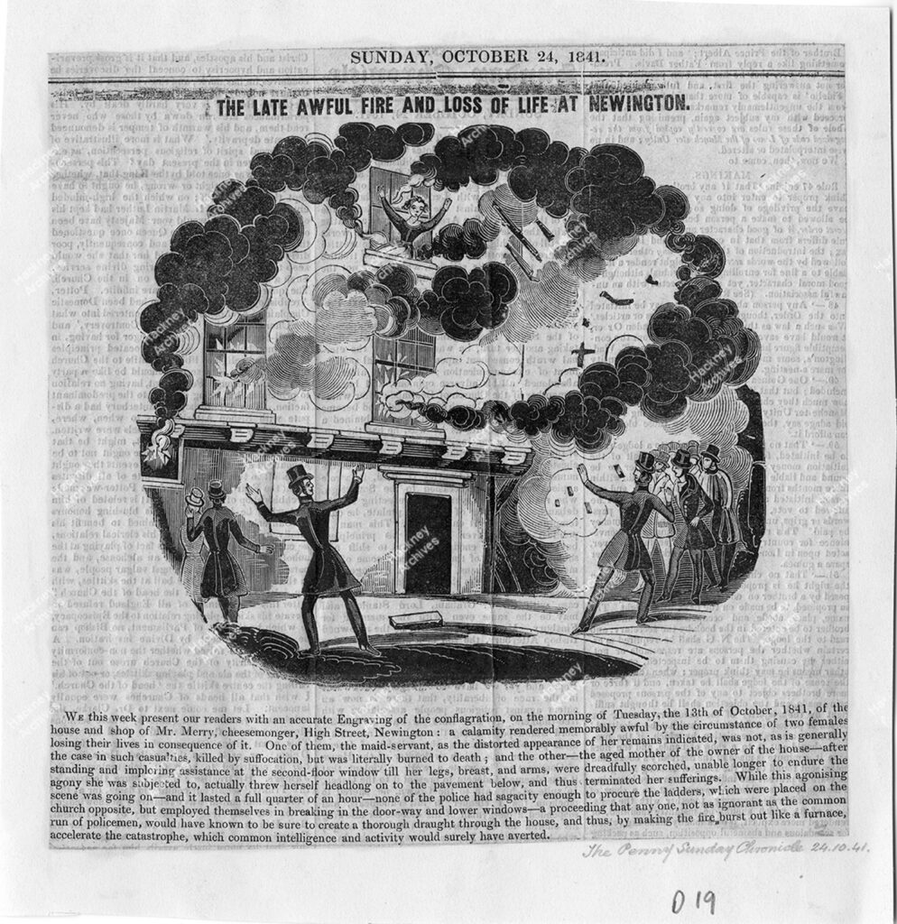 The Late Awful Fire And Loss Of Life At Newington. Illustrated newspaper cutting about the fire and loss of life at Stoke Newington. Article from the Penny Sunday Chronicle. 25th October 1841.