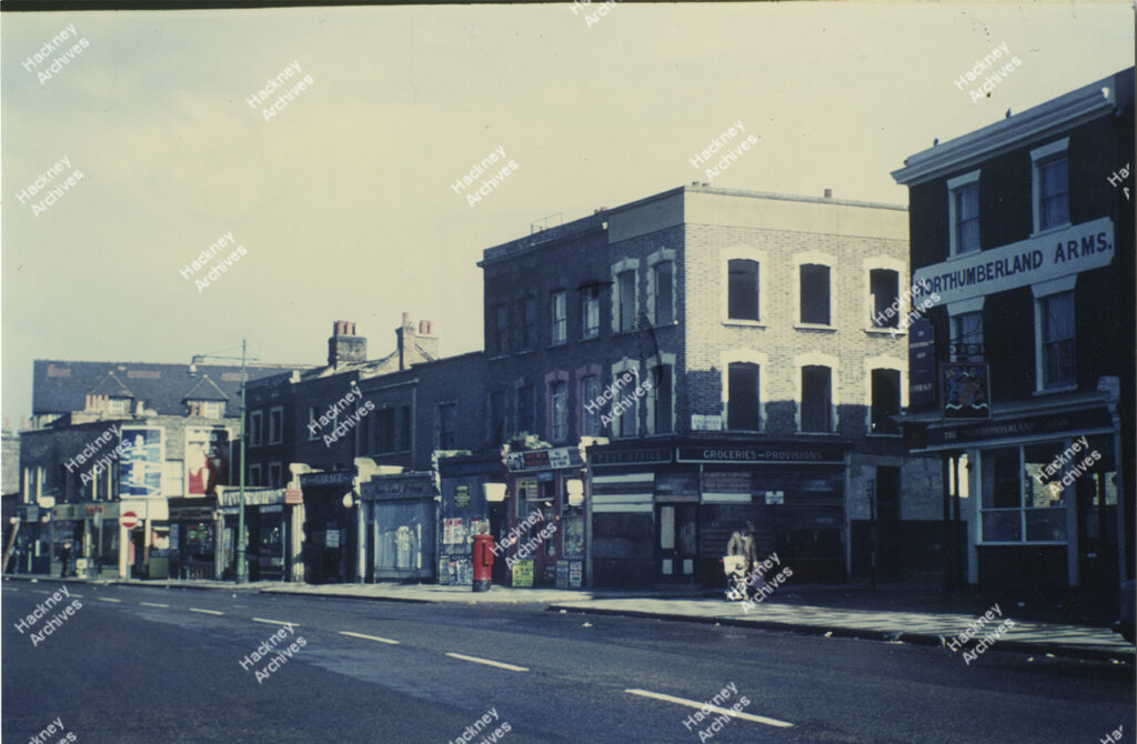 54-78 Well Street looking west towards Mare Street. Incudes shops and northumberland Arms.