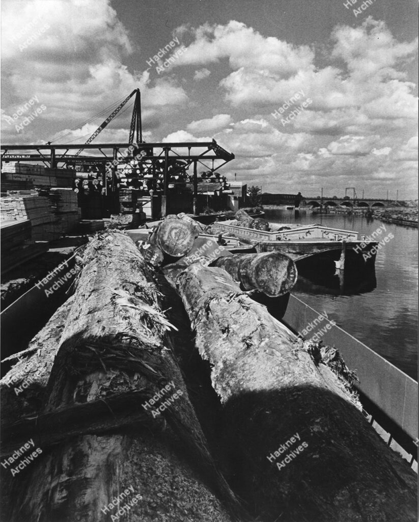 James Latham LTD timber yards at Latham’s Wharf, River Lea, Hackney. 1966
