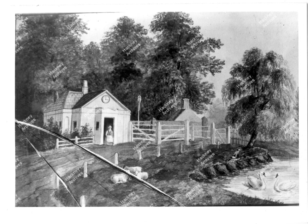Toll gate, Stamford Hill, Hackney. Black and white copy of a watercolour of the Toll gates at west side Stamford Hill. Includes swans on Craven Pond looking north west. Copy from lantern slide, 1862.
