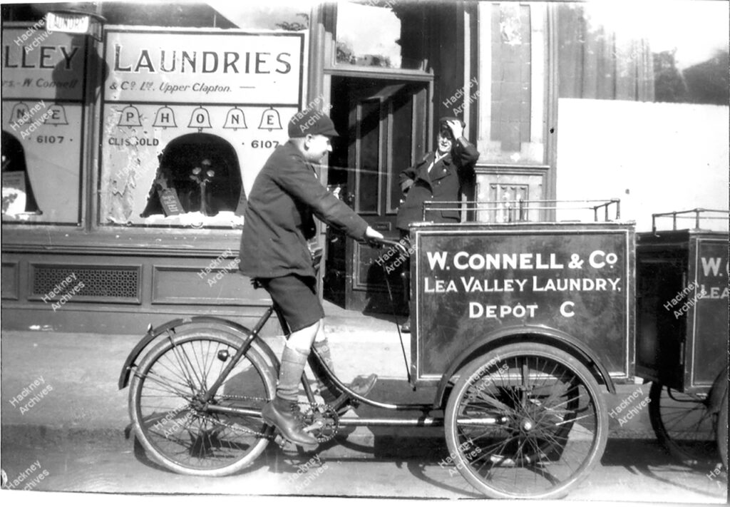 W. Connell & Co. LTD Laundries, bicycle, Lea Valley, Upper Clapton, Hackney, c.1935.