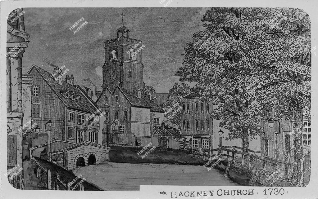 The village of Hackney, looking north across the Hackney Brook; also showing Hackney Old Church and the Eight Bells pub, Hackney. 1730