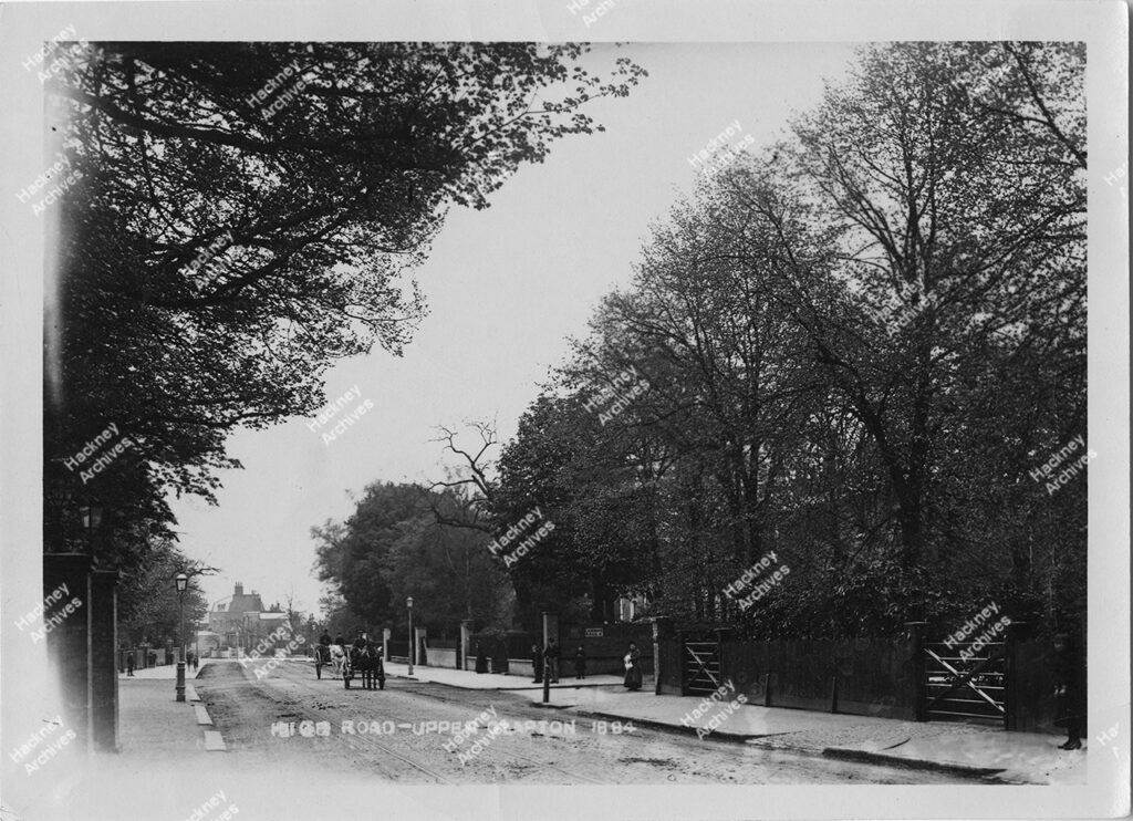Postcard of Upper Clapton Road, looking south from near Moresby Road with Cazenove Road turning right. Horse drawn carts. Hackney. 1884.