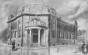 Exterior of Hackney Central Library. Indian ink brush drawing by H.A. Crouch. 1908