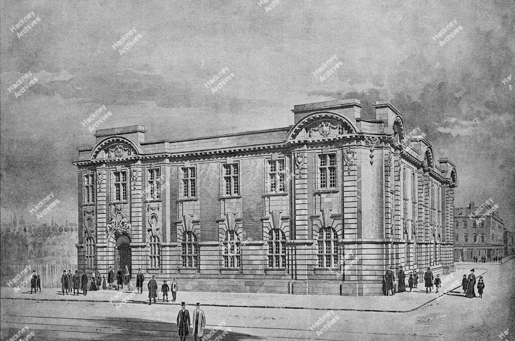 Proposed design for Hackney Central Library, from ‘The Architect’, 13 July, 1906, by Messrs. H. Wakeford & Sons and W. Langbein.
