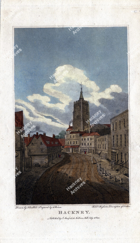 Engraving of Mare Street, looking north across bridge over Hackney Brook and showing Hackney Tower. 1805.