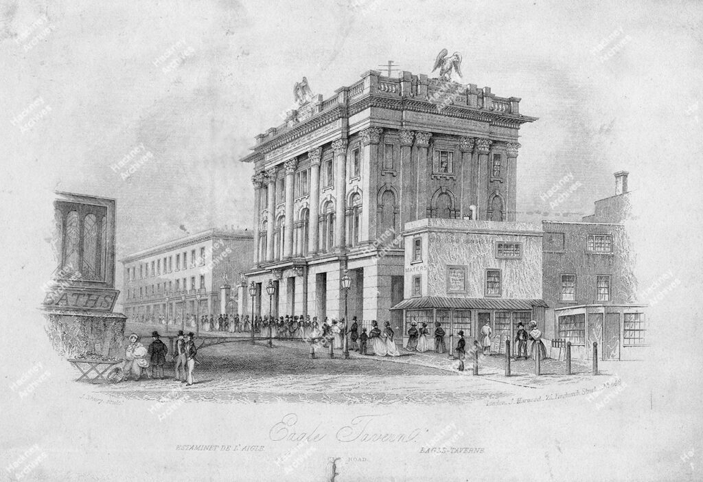The Eagle Tavern, City Road and the entrance to the Pleasure Gardens. From a drawing by J. Shury, c.1830