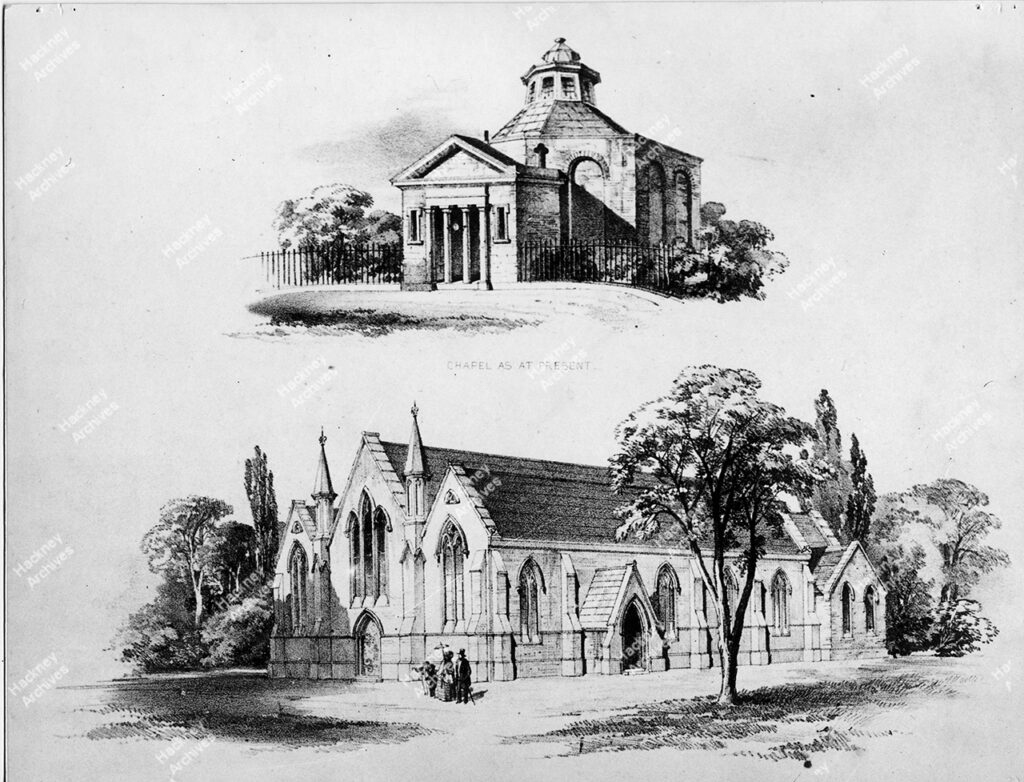 Old Gravel Pit Chapel. The “Chapel as at present” and the “proposed building”. From a lithograph, c.1810.