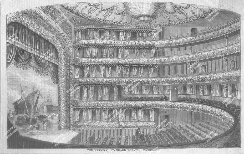 Illustration from The Builder, December 28th 1867 of the interior of The Standard Theatre, High Street, Shoreditch which was destroyed by fire in 1866.