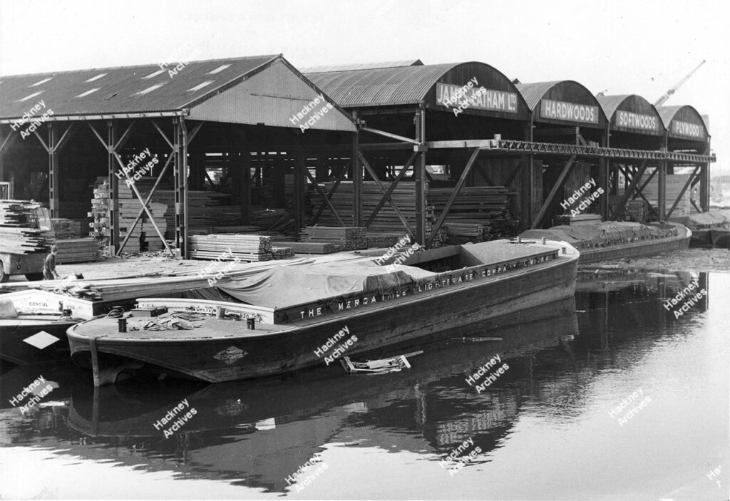 James Latham’s timberyards, with barges loading. 1966.