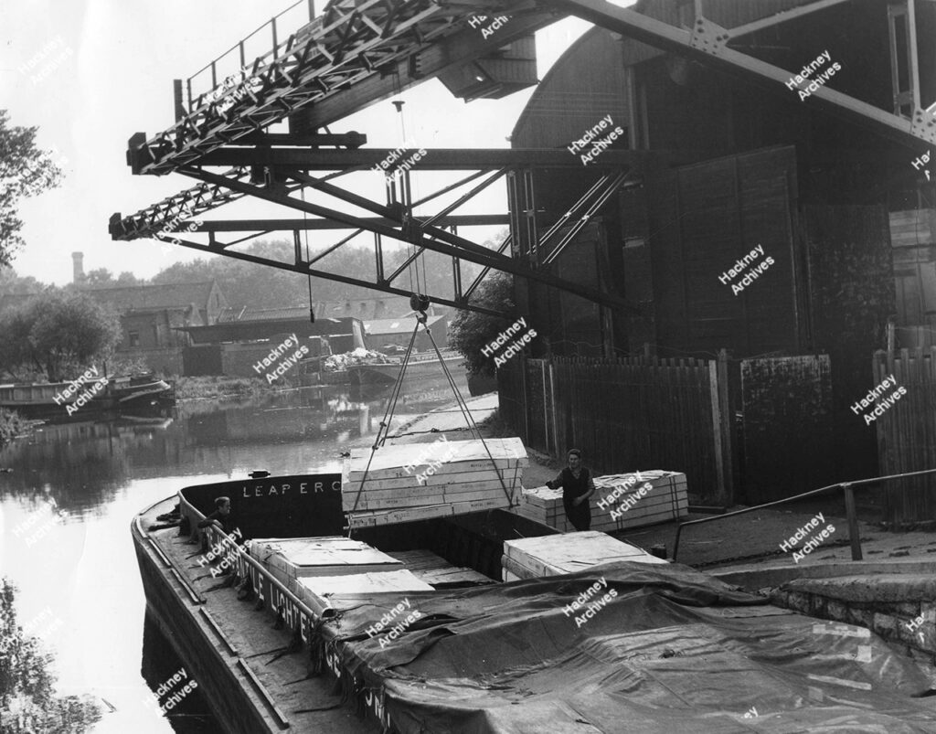 James Latham LTD timber yards at Latham’s Wharf, River Lea, Hackney. 1966.
