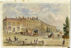 Watercolour of Kingsland Road including The Fox public house, horse drawn wagons and a woman with a hand cart. 1852.
