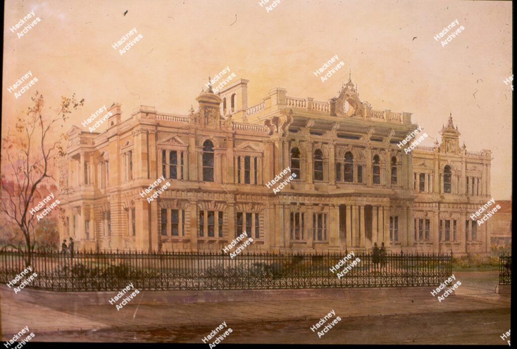 Watercolour of the front elevation of Hackney Old Town Hall, 1808.