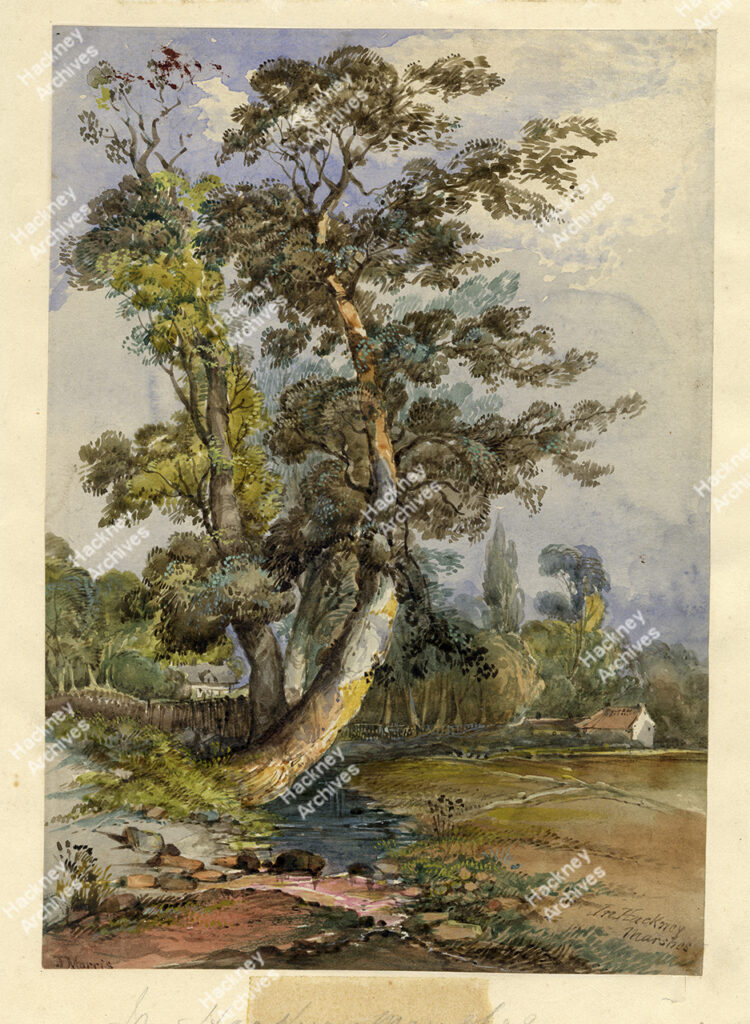 Watercolour of Hackney marshes, 1870.