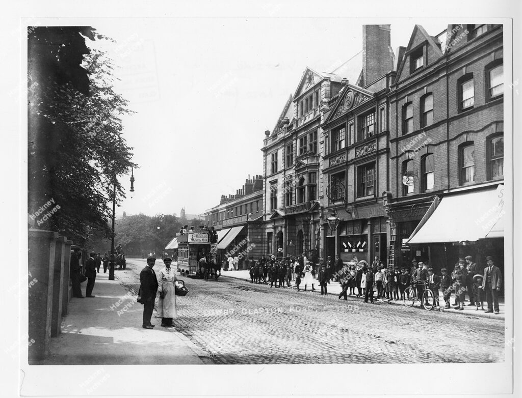 Lower Clapton Road, Hackney, c.1905. Includes The Kings Hall and Baths, horse drawn tram bus.