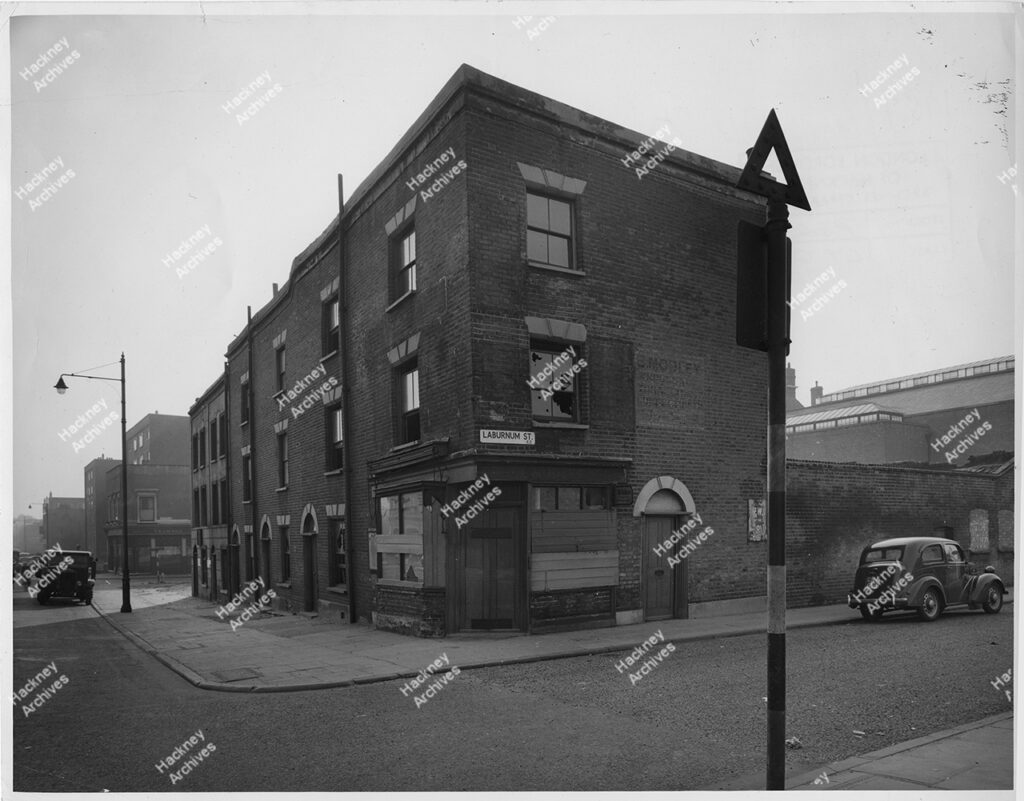 Corner of 157-159 Queensbridge Road and Laburnum Street, Dalston. Prior to demolition to make way for Mansfield Court, 1957.