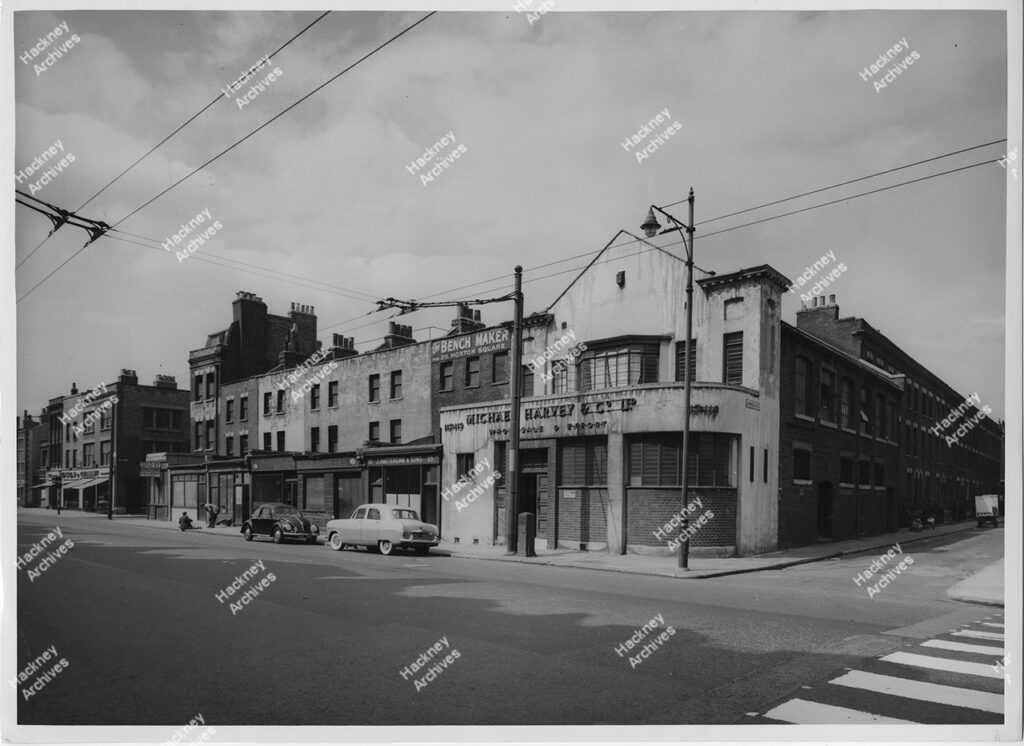 Michael Harvey & Co. LTD wholesale and export, 105-119 Kingsland Road and corner of Shenfield Street. 119 was formerly The Gainsborough Picture Palace. Late 1950s.
