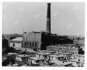 Gainsborough Film Studios and Prefab houses, Poole Street, Hoxton, Hackney, c.1947