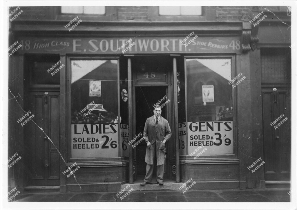 E. southworth shoe repairs, 48 Morning Lane. Includes Mr southworth in door of his shop, Hackney, 1937.