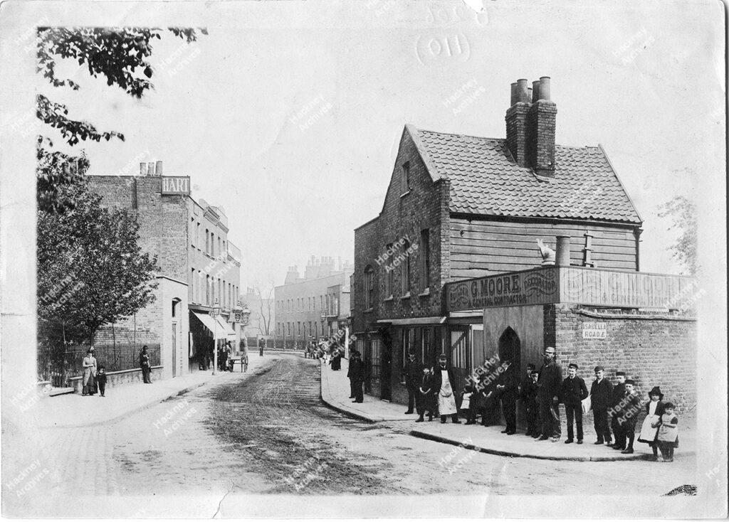 Homerton High Street, Homerton, Hackney. 1886. View east of Isabella Road to The Peacock public house.