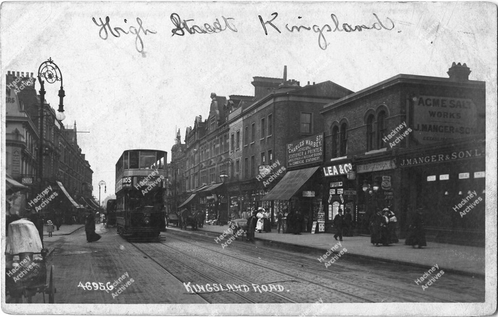 25-27 Kingsland Road High Street, Dalston, Hackney, c.1915. west side looking south to Dalston Junction, with tram and horse drawn carts