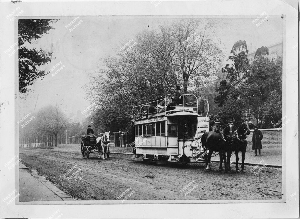 Upper Clapton Road, near Springfield, Hackney, c.1890. View west to Clapton Common, with horse drawn tram and horse drawn cart