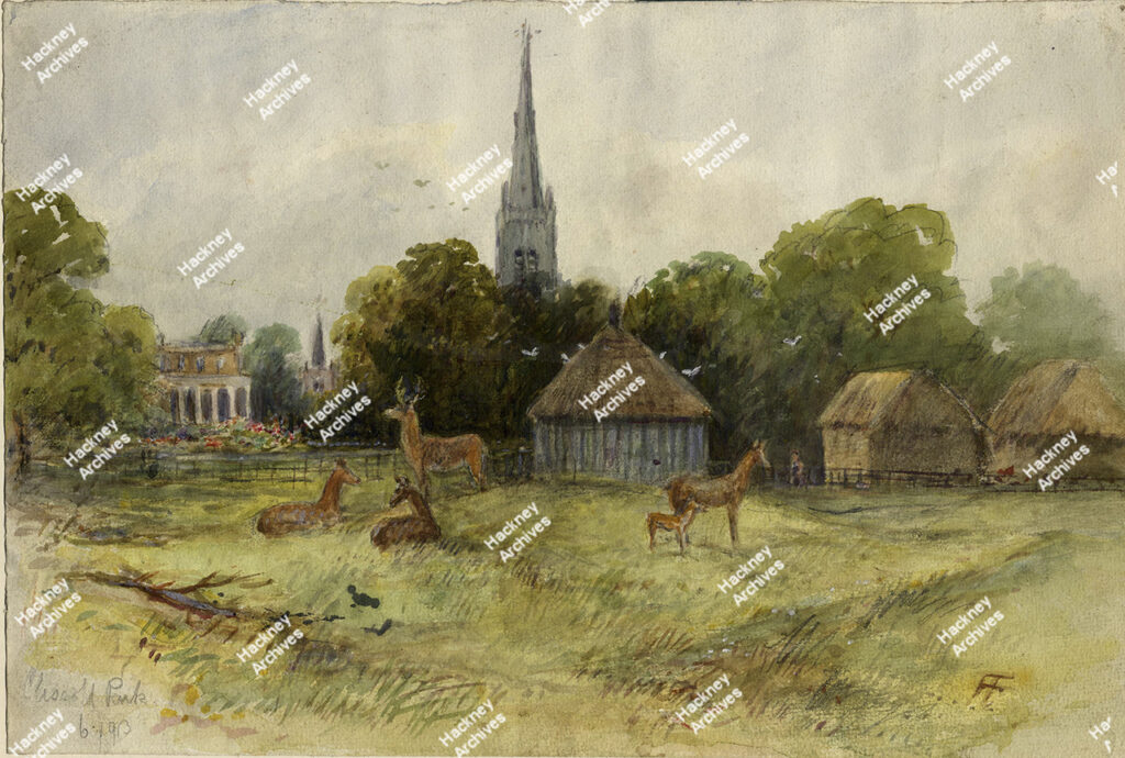 Watercolour of Clissold Park, view towards the mansion with the spires of St Mary’s Old and New Churches, deer, hut and haystacks. 1913.