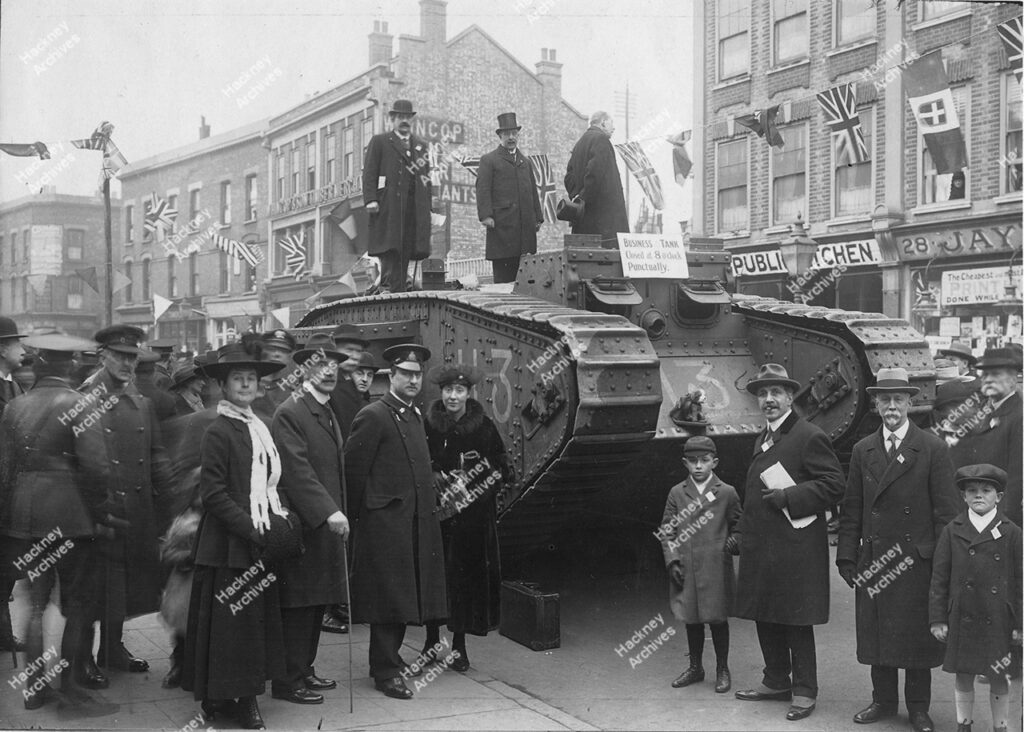 WW1 tank, Stoke Newington Church Street, Hackney. c.1916.