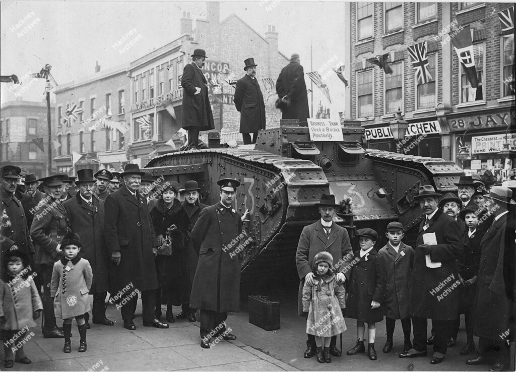 WW1 tank, Stoke Newington Church Street, Hackney. c.1916.