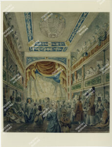 Watercolour of the Britannia Saloon, from the back of the auditorium showing the audience & stage. Artist unknown. The theatre opened in 1841, was rebuilt in 1858 and renamed The Britannia Theatre. It was demolished in 1941.