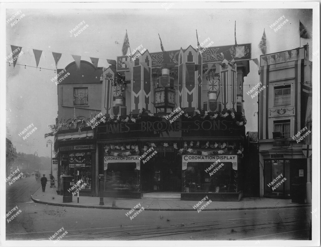 James Brooke & Sons LTD, Clarence Road, Lower Clapton, Hackney. 1937. Includes exterior of shop decorated with George VI coronation display.