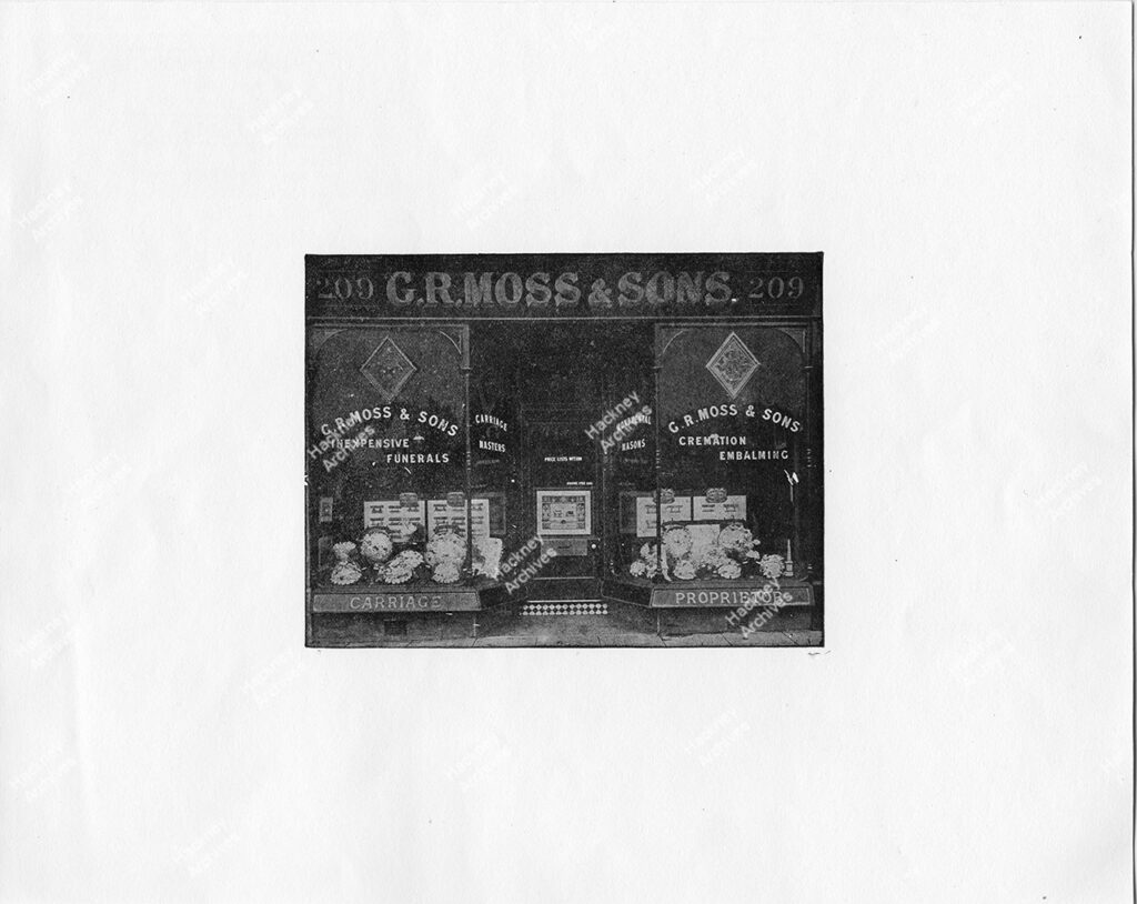 G. R. Moss & sons, Undertakers, Lower Clapton Road, Hackney, c.1905.